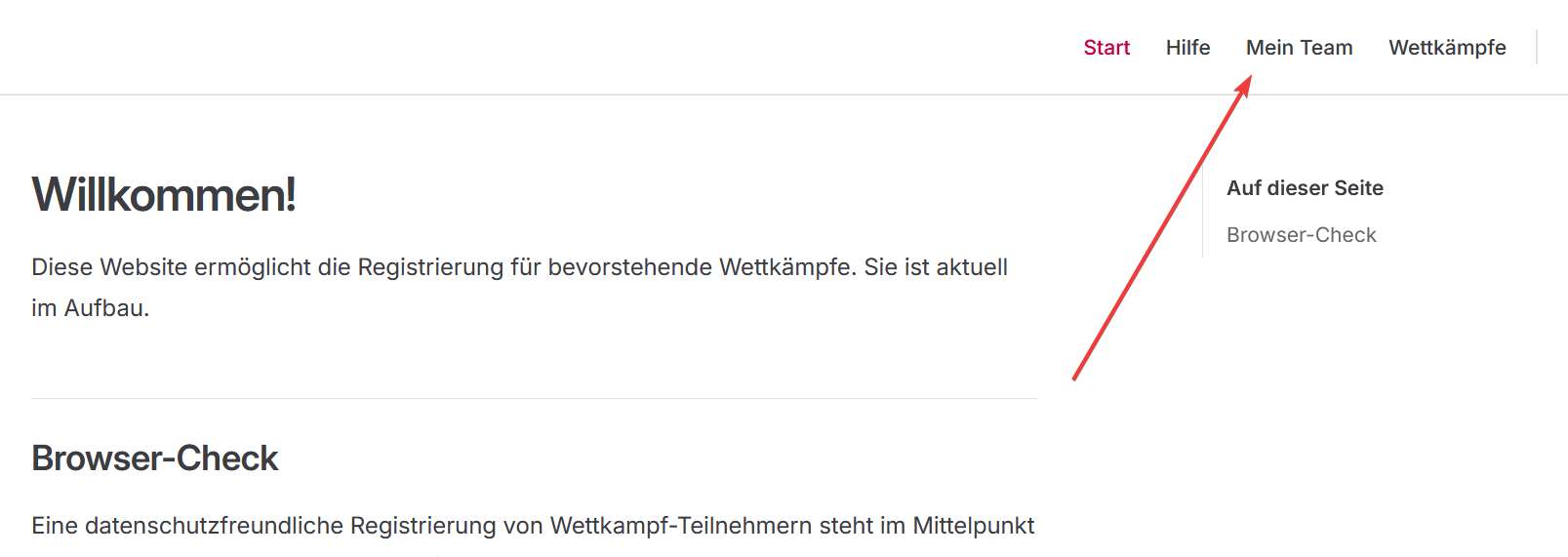 Ausschnitt aus einer Seite, Markierung des Menüpunkts "Mein Team" im Hauptmenü