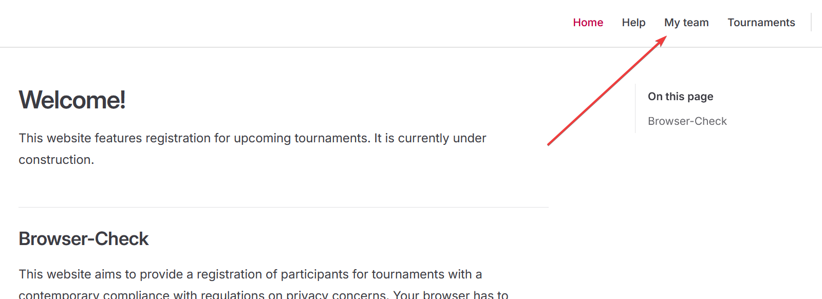 snapshot of a page, highlighting "My team" main menu item