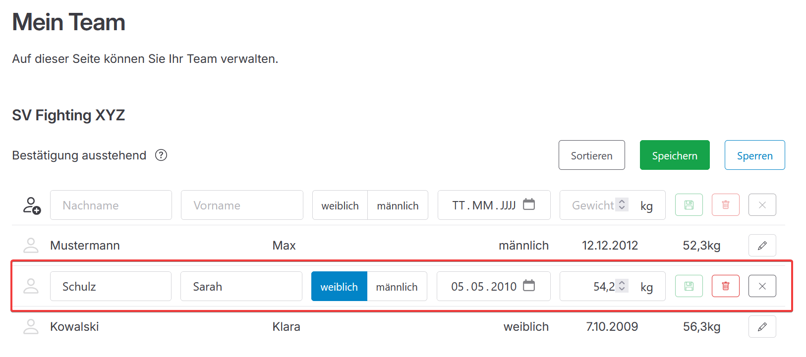 Ausschnitt der entsperrten Team-Verwaltung; die Zeile einer Sportlerin mit aktivierter Bearbeitung ist hervorgehoben