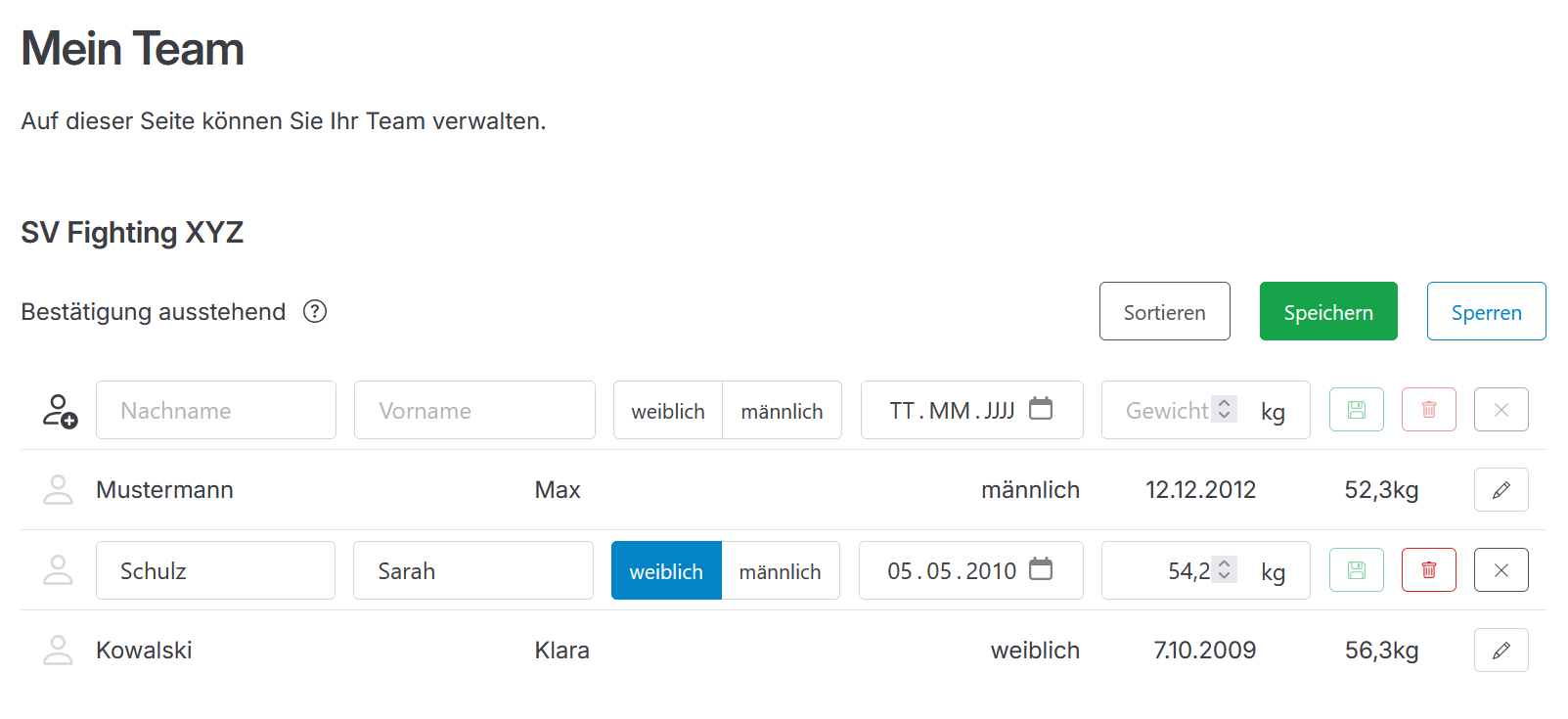 Ansicht der entsperrten Team-Verwaltung