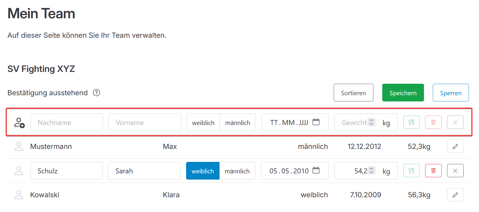 Ausschnitt der entsperrten Team-Verwaltung; die Zeile zur Eingabe neuer Sportler ist hervorgehoben