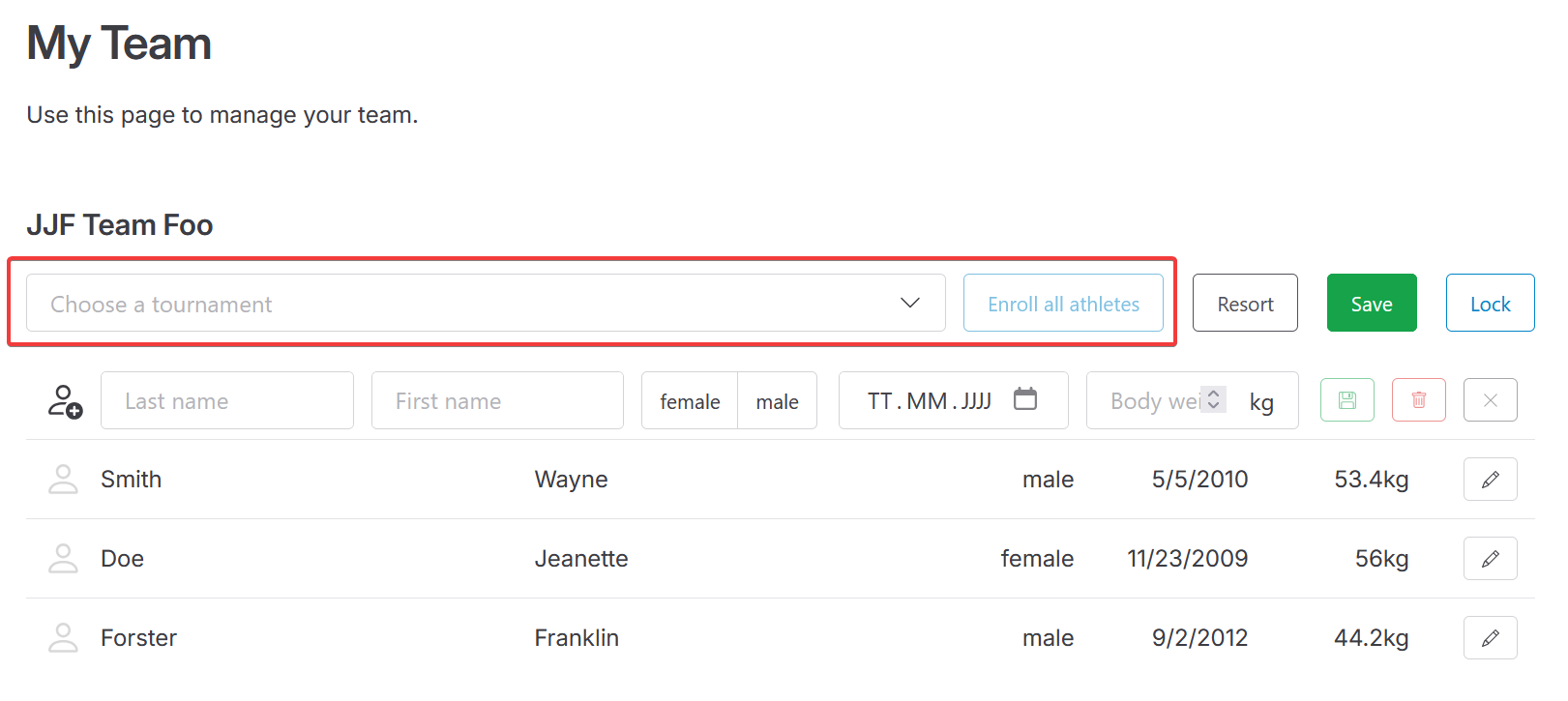 snapshot of unlocked team's management view, selector for upcoming tournaments is highlighted