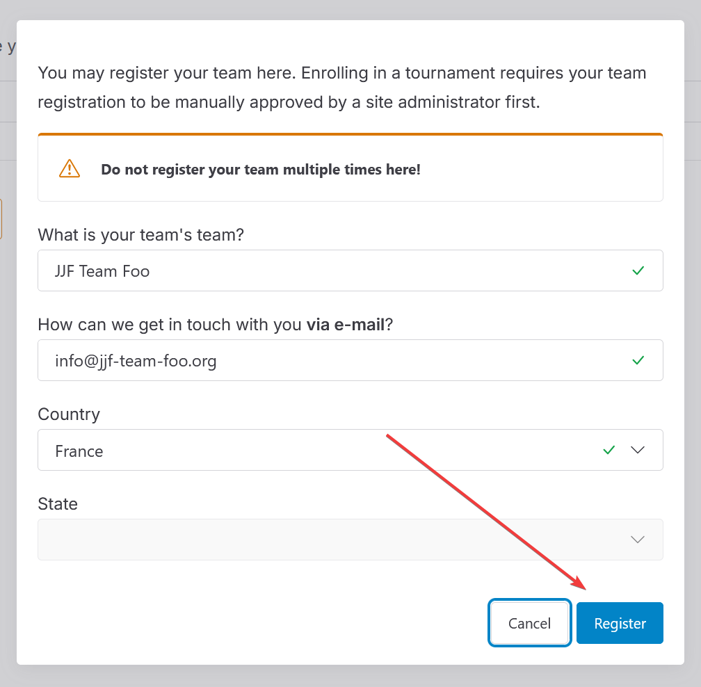 snapshot of modal form gathering information on a team for its registration