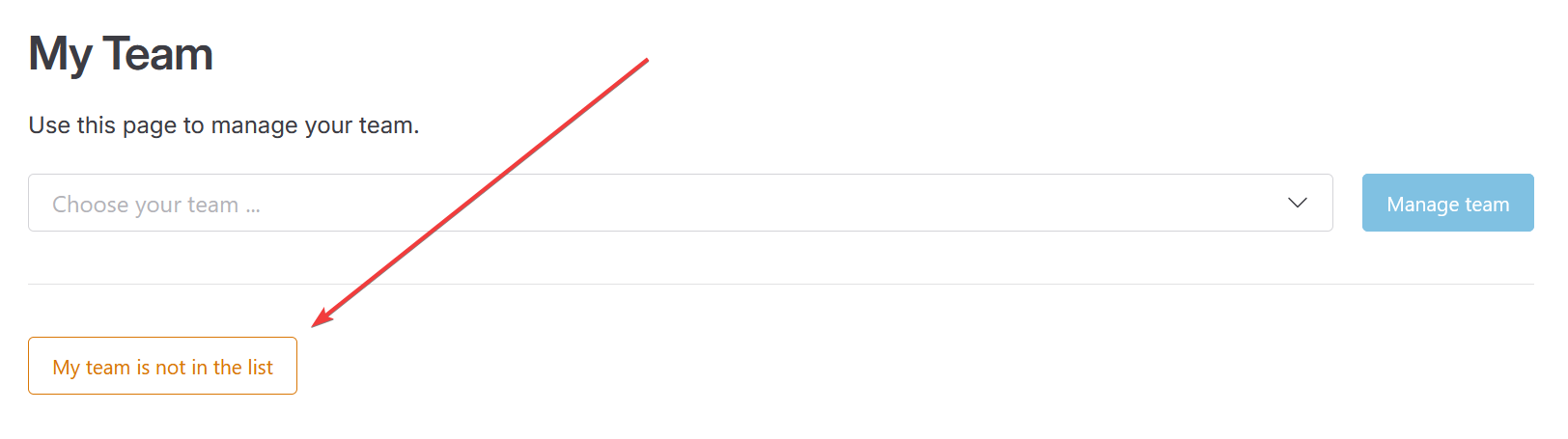 snapshot of team selector, highlighting the button for adding a team
