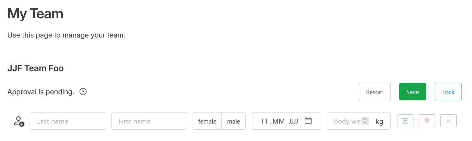 snapshot of unlocked team management view, still lacking any athlete
