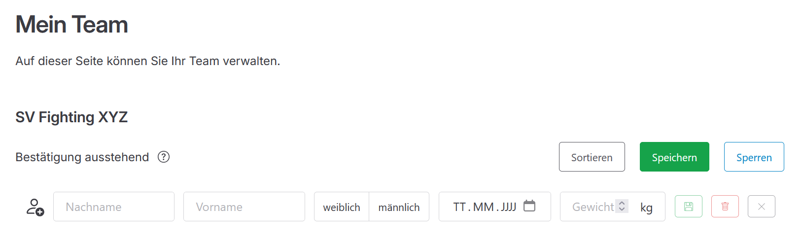 Ansicht einer entsperrten Team-Verwaltung noch ohne erfasste Sportler