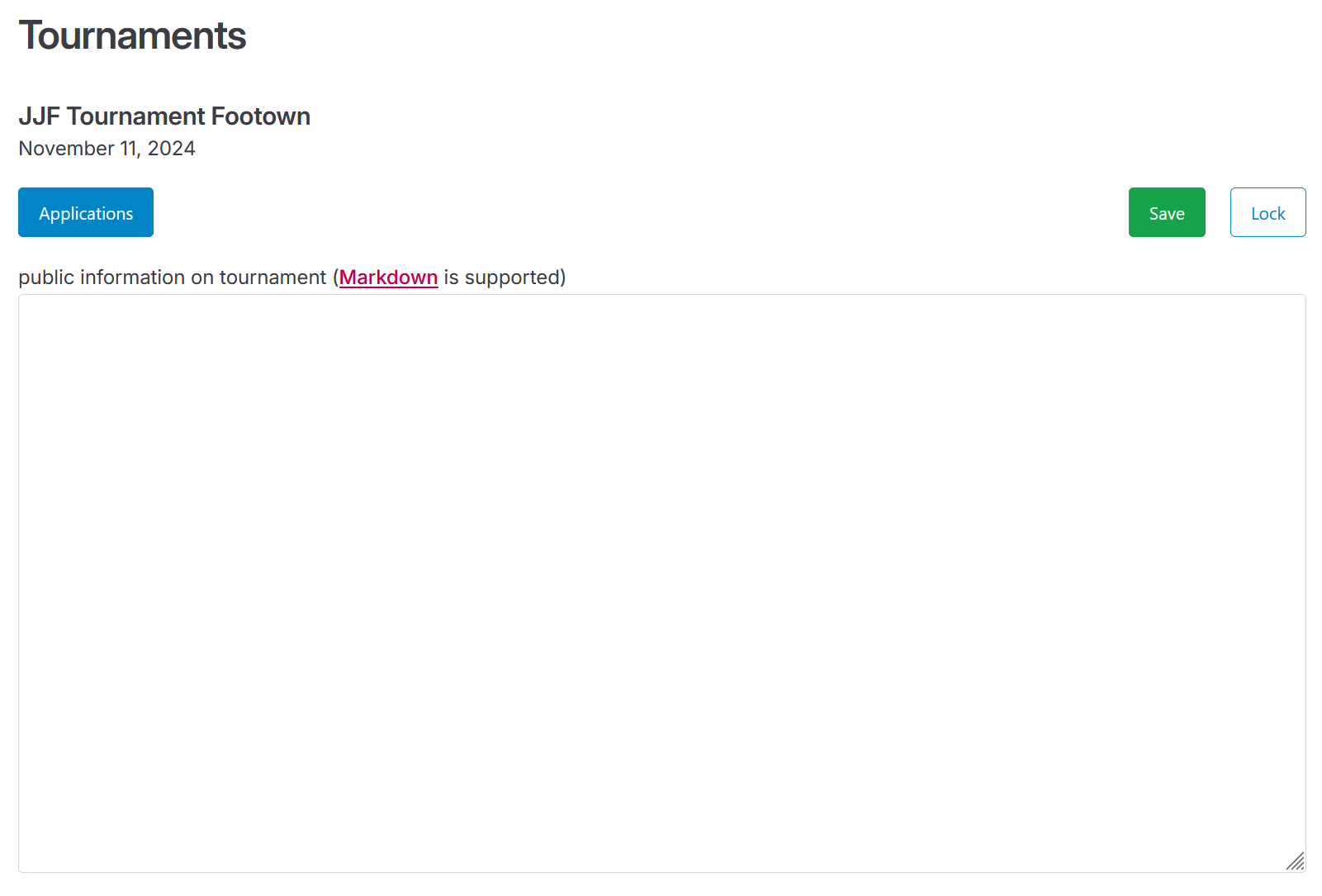 snapshot of tournament's page in edit mode lacking any applications and additional details