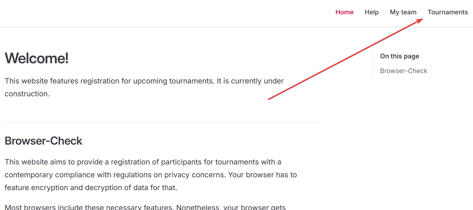 snapshot of website highlighting the "Tournaments" menu item