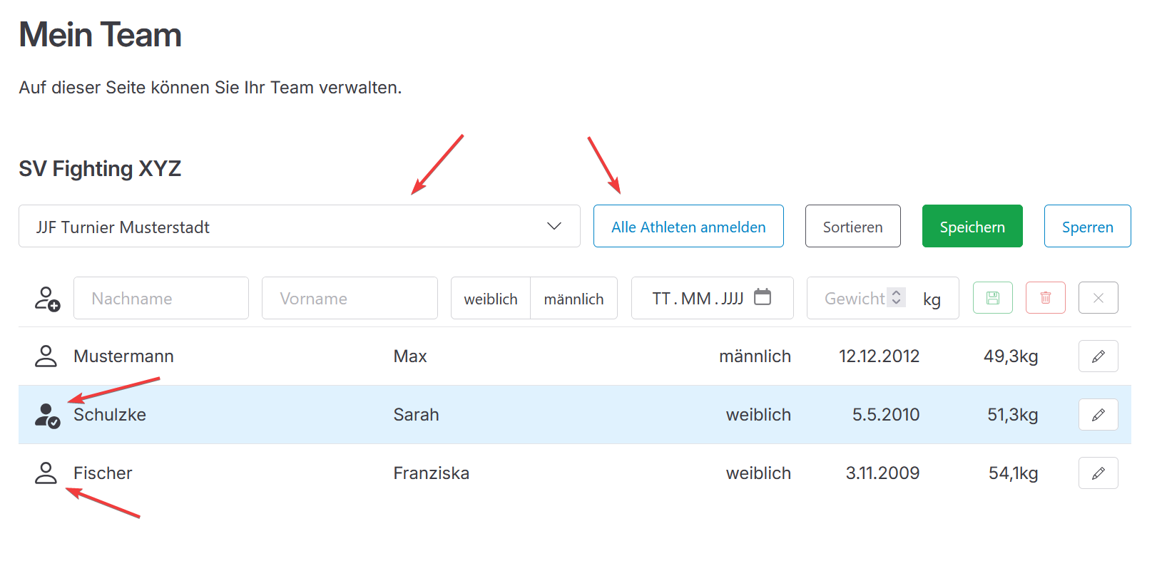 Ausschnitt der entsperrten Team-Verwaltung; wichtige Teile für die Wettkampf-Meldung sind hervorgehoben