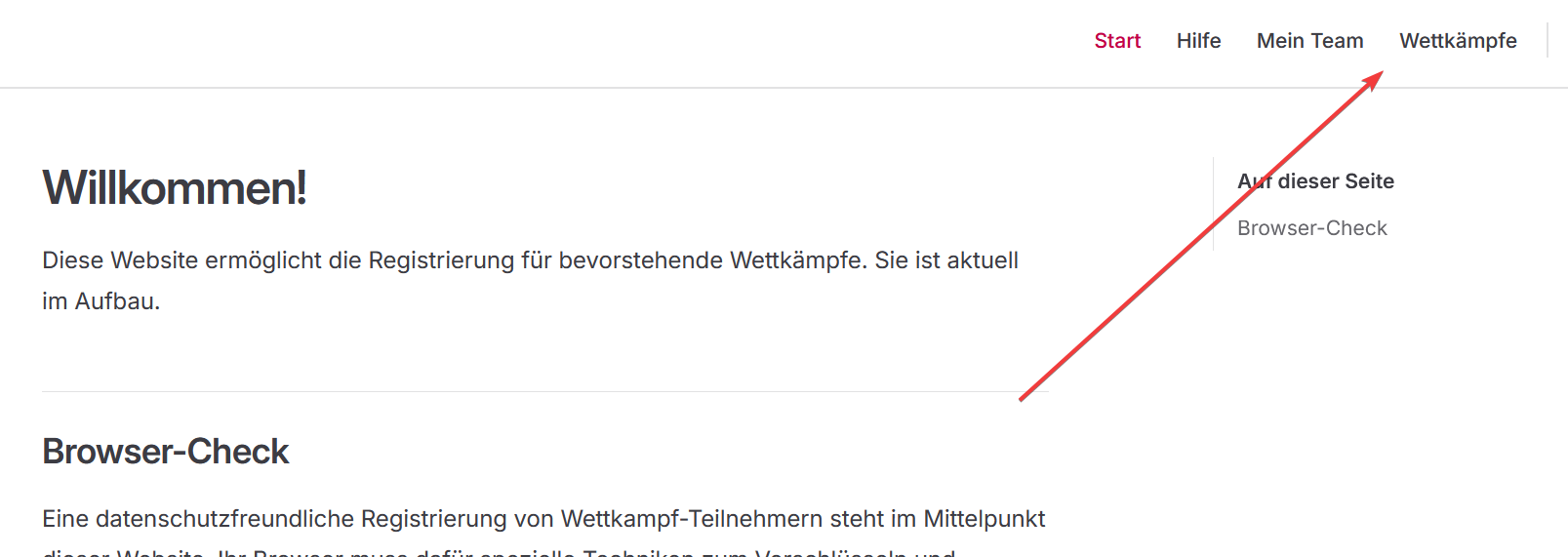 Ausschnitt aus einer Seite, Markierung des Menüpunkts "Wettkämpfe" im Hauptmenü